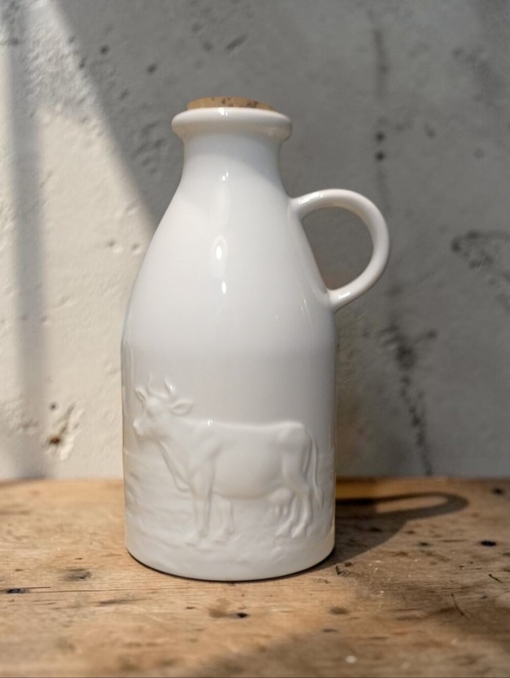Vintage Pottery Barn Ceramic Milk Jug Bottle - Embossed Cow, Cork Stopper, Japan